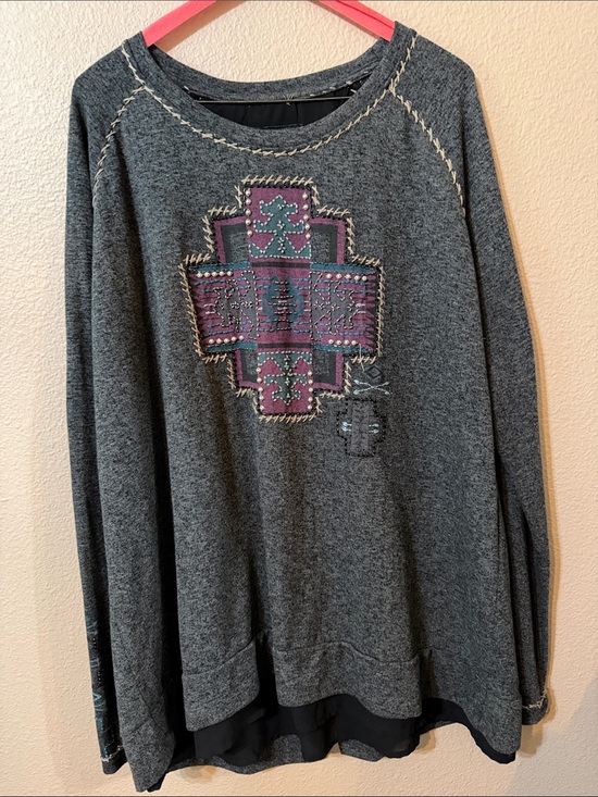 Double D Ranch Tops - Double D Ranch Gray Long Sleeve Tee with Pink & Teal Aztec Patch